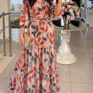 Plants Print V-Neck Half Sleeve Shirred Back Maxi Dress Casual Button Decor Ruched Ruffle Hem Vacation Dress, women Print Dresses, ChicMe catalog