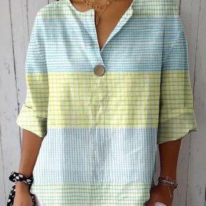 Shawl Collar Three Quarter Sleeve Striped Regular Loose Blouse For Women, Blouses, color:Blue|size:3XL, catalog Noracora shop