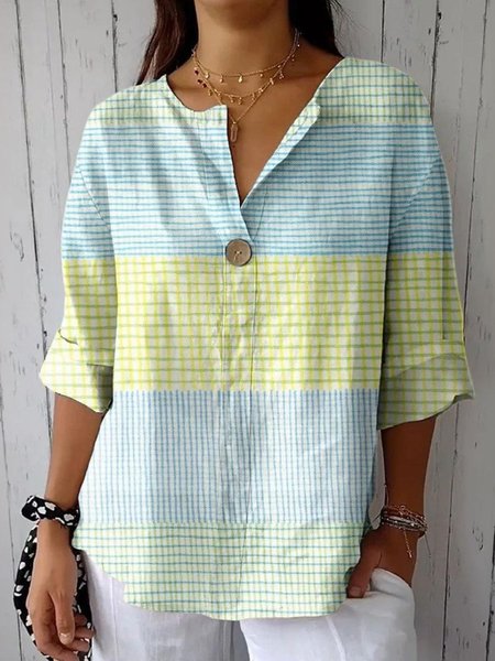 Women Striped Three Quarter Sleeve Blouse Spring/Fall Shawl Collar Daily Casual Top, JustFashionNow Shirts, color:Blue|size:3XL,