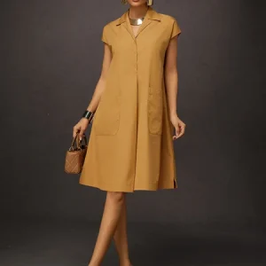 Cotton Casual Plain Lapel Collar Knee Length Dress, Midi Dresses, color:Khaki|size:XXL, Stylewe