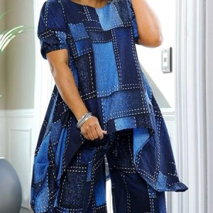 Casual Faux Denim Print Graphic Printing Crew Neck Puff Sleeve Blouse, Blouses and Shirts, color:Blue|size:XXL, Stylewe