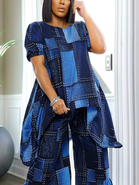 Casual Faux Denim Print Graphic Printing Crew Neck Puff Sleeve Blouse, Blouses and Shirts, color:Blue|size:XXL, Stylewe