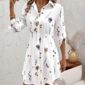 Watercolor Floral Print Turn-down Collar Turn-Up Sleeves Shirred Back Shirt Dress Casual Button Down Cinched Waist Asymmetrical Hem Vacation Dress, women Shirt Dresses, ChicMe catalog