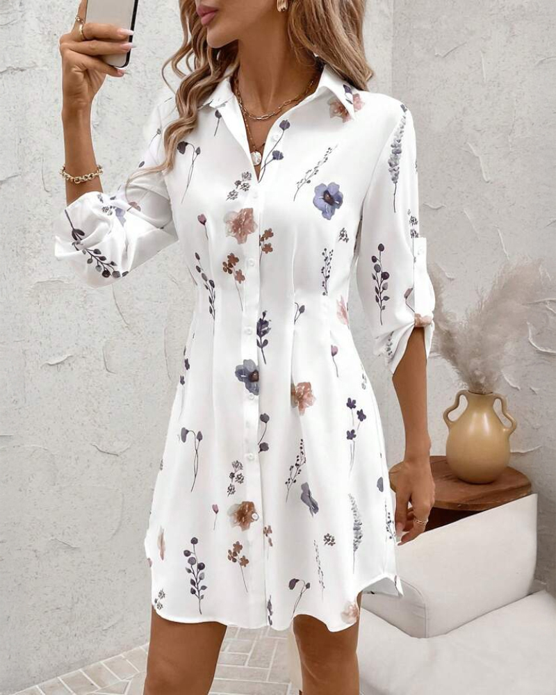 Watercolor Floral Print Turn-down Collar Turn-Up Sleeves Shirred Back Shirt Dress Casual Button Down Cinched Waist Asymmetrical Hem Vacation Dress, women Shirt Dresses, ChicMe catalog