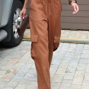 Urban Plain Cotton And Linen Cargo Straight Pants, Pants, color:Brown|size:XXL, Stylewe