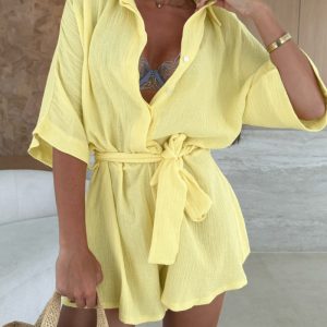 Turn-down Collar Half Sleeve Tied Detail Romper, women Rompers, ChicMe catalog