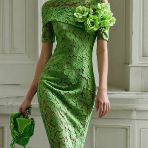 Lace Elegant 3D Floral Boat Neck Knee Length Party Dress, Midi Dresses, color:Green|size:XXL, Stylewe