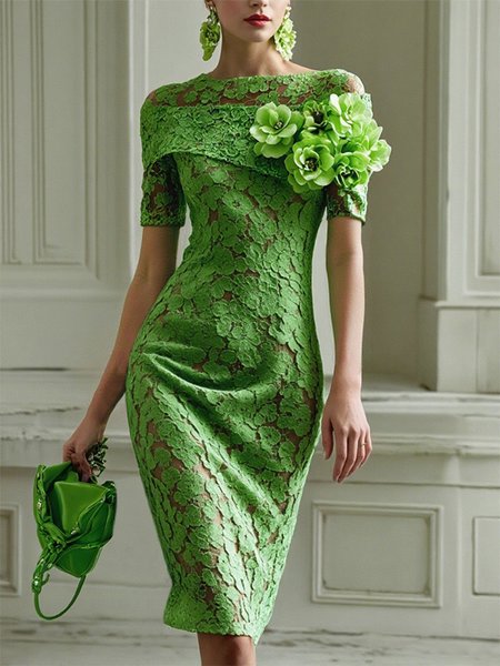 Lace Elegant 3D Floral Boat Neck Knee Length Party Dress, Midi Dresses, color:Green|size:XXL, Stylewe