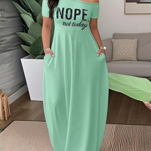 Letter Print Skew Neck Short Sleeve Elegant Maxi Dress with Pocket, women Maxi Dresses, ChicMe catalog