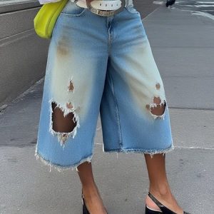 Casual Distressed Ripped Denim Loose Jeans No Belt, Jeans, color:Denim Blue|size:XXL, Stylewe