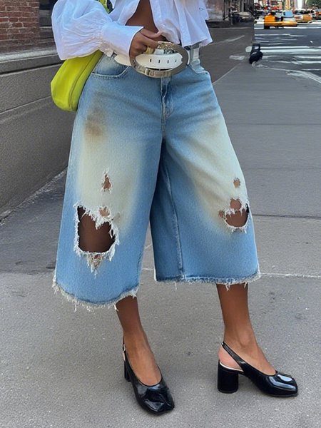 Casual Distressed Ripped Denim Loose Jeans No Belt, Jeans, color:Denim Blue|size:XXL, Stylewe