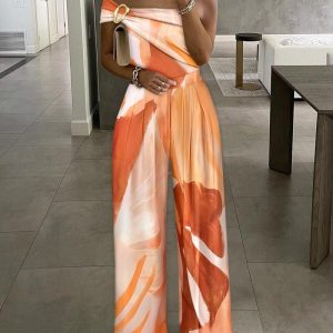 Metal Ring Decor All Over Print One Shoulder Ruched Overalls Casual Pleated Front Wide Leg Jumpsuit, women Jumpsuits, ChicMe catalog
