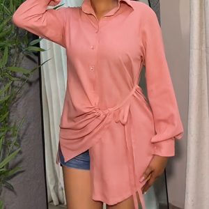 Asymmetrical Waist Tied Detail Long Sleeve Blouse Casual Button Front Top, women Blouses & Shirts, ChicMe catalog