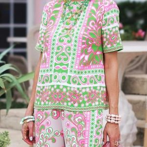 Vacation Floral Printing Crew Neck Blouse, Blouses and Shirts, color:As Picture|size:XXL, Stylewe