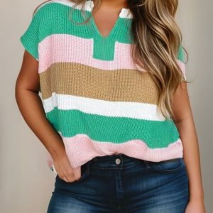 Colorblock V-Neck Short Sleeve Sweater, women Sweaters & Cardigans, ChicMe catalog