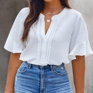 V-Neck Short Bell Sleeve Blouse Casual Loose Fit Summer Top, women Blouses&Shirts, ChicMe catalog