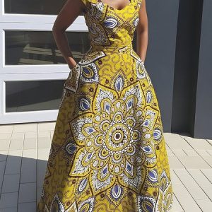 Vacation Geometric Printing V Neck Maxi Dress, Maxi Dresses, color:Yellow|size:XXL, Stylewe