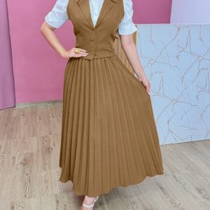 Turn-down Collar Sleeveless Button Vest and Casual Pleated Skirt Sets, women Two-piece Sets, ChicMe catalog