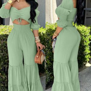 Square Neck Long Sleeve Drawstring  Shirred Jumpsuit, women Jumpsuits, ChicMe catalog