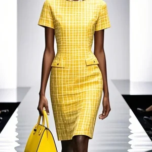 Urban Plaid Printing Crew Neck Knee Length Dress, Mini Dresses, color:Yellow|size:XXL, Stylewe