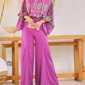 2 Pieces Outfit Plants Print Off Shoulder Batwing Sleeve Top and Casuall High Waist Wide Leg Flared Pants Set, women Two-piece Sets, ChicMe catalog