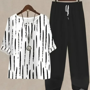 Women Striped Printing Two-Piece Set Daily Half Sleeve Casual Summer Top With Pants Matching Set, JustFashionNow Suit Set, color:Black-white|size:4XL,