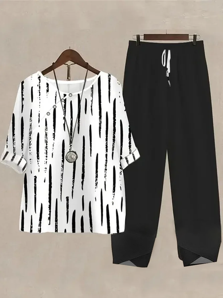 Women Striped Printing Two-Piece Set Daily Half Sleeve Casual Summer Top With Pants Matching Set, JustFashionNow Suit Set, color:Black-white|size:4XL,
