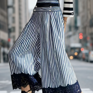 Casual Striped Buttoned Wide Leg Pants, Pants, color:Blue|size:XXL, Stylewe