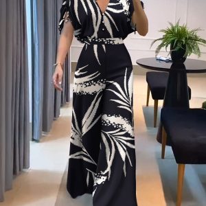 Plants Print V-Neck Batwing Sleeve Drawstring Jumpsuit, women Two-piece Sets, ChicMe catalog