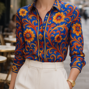 Urban Floral Printing Shirt Collar Shirt, Blouses and Shirts, color:Blue|size:XXL, Stylewe