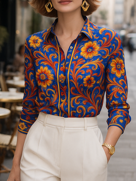 Urban Floral Printing Shirt Collar Shirt, Blouses and Shirts, color:Blue|size:XXL, Stylewe