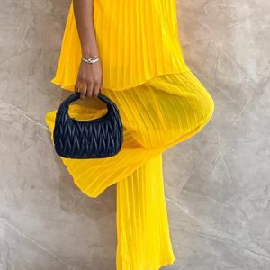 Vacation Plain Pleated Wide Leg Pants, Pants, color:Yellow|size:XXL, Stylewe