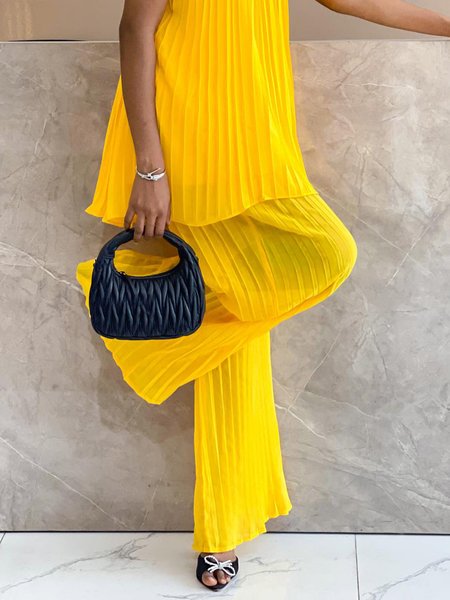 Vacation Plain Pleated Wide Leg Pants, Pants, color:Yellow|size:XXL, Stylewe