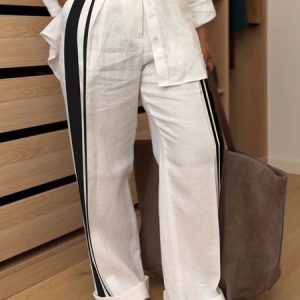 Linen blend Casual Color Block Straight Pants, Pants, color:White|size:XXL, Stylewe