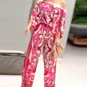 2 Pieces Outfit Baroque Print Off Shoulder Side Drawstring Loose Top and Casual High Waist Wide Leg Pants Set, women Two-piece Sets, ChicMe catalog