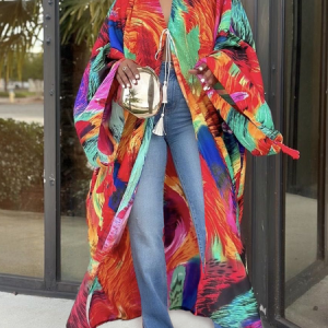 Vacation Printing Colorblock V Neck Kimono, Kimonos, color:As Picture|size:XXL, Stylewe