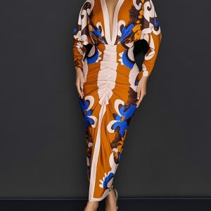 Abstract Print Plunge Long Sleeve Maxi Ruched Dress, women Shirt Dresses, ChicMe catalog