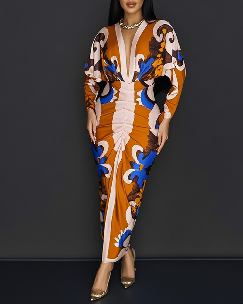 Abstract Print Plunge Long Sleeve Maxi Ruched Dress, women Shirt Dresses, ChicMe catalog