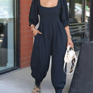Square Neck Puff Sleeve Waist Jumpsuit Casual Loose Ruched Romper, women Jumpsuits, ChicMe catalog