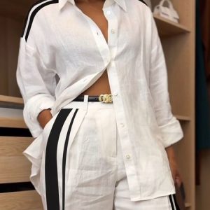 Linen Blend Casual Color Block Shirt Collar Shirt, Blouses and Shirts, color:White|size:XXL, Stylewe
