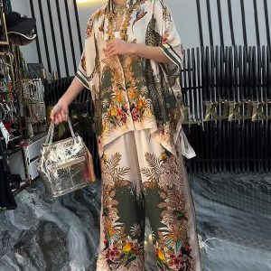 2 Pieces Outfit Tropical Print Asymmetrical Hem Blouse and Casual Wide Leg Pants Set, women Two-piece Sets, ChicMe catalog