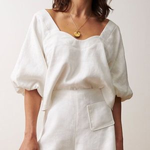 Linen Blend Casual Plain Square Neck Raglan Sleeve Blouse, Blouses and Shirts, color:Off White|size:XXL, Stylewe