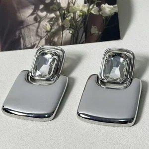 Vintage luxury mirror metal geometric square gemstone earrings, Earrings, color:Silver, Stylewe