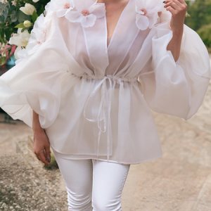 Elegant Balloon Sleeve 3D Floral Plain V Neck Kimono, Kimonos, color:Off White|size:XXL, Stylewe