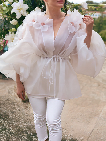 Elegant Balloon Sleeve 3D Floral Plain V Neck Kimono, Kimonos, color:Off White|size:XXL, Stylewe
