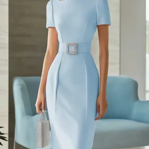 Elegant Plain Boat Neck Knee Length Dress With Belt, Midi Dresses, color:Blue|size:XXL, Stylewe