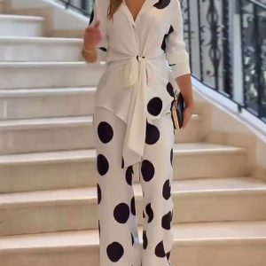 2 Pieces Outfit Polka Dot Pattern Long Sleeve Waist Tied Detail Blouse and Casual Wide Leg Pants Set, women Two-piece Sets, ChicMe catalog