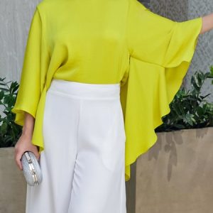 Urban Plain Crew Neck Dolman Sleeve Blouse, Blouses and Shirts, color:Yellow|size:XXL, Stylewe