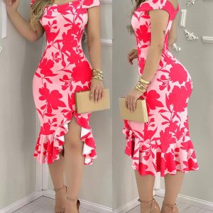 Floral Print Off Shoulder Bodycon Dress Ruffle Hem Slim Fit Dress, women Print Dresses, ChicMe catalog