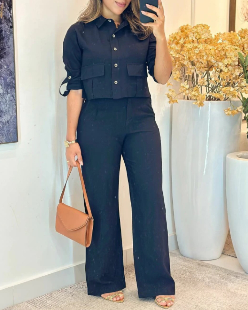 2 Pieces Outfit Turn-down Collar Turn-Up Sleeves Button Front Flap Pockets Design Top and Causal Zipper Fly Elastic Back Waist Wide Leg Pants Set, women Two-piece Sets, ChicMe catalog - Image 2